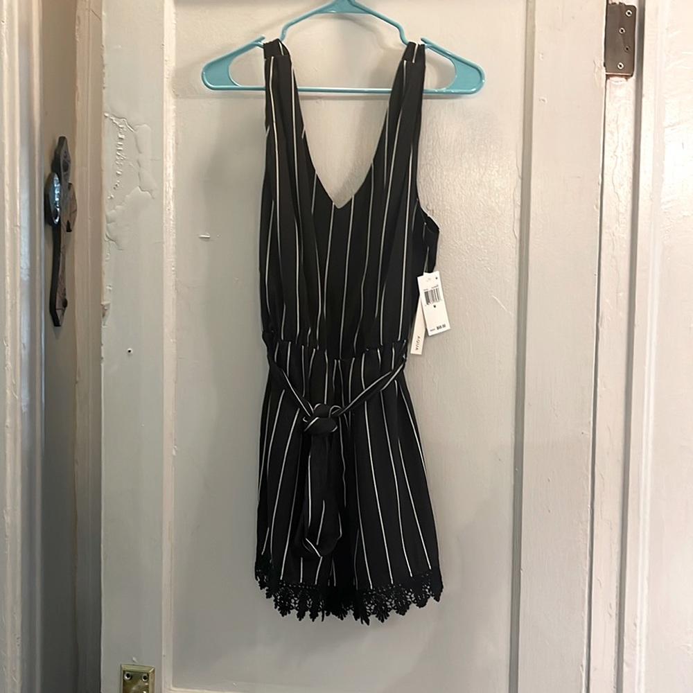 Brand new AQUA pinstripe menswear inspired lace trim romper